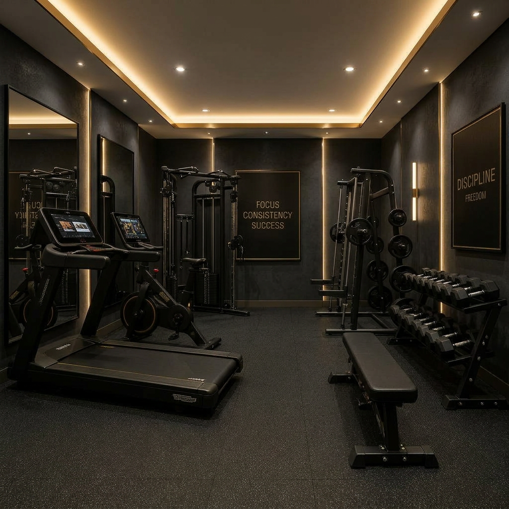 An elegant private gym interior conveying calm and flexibility